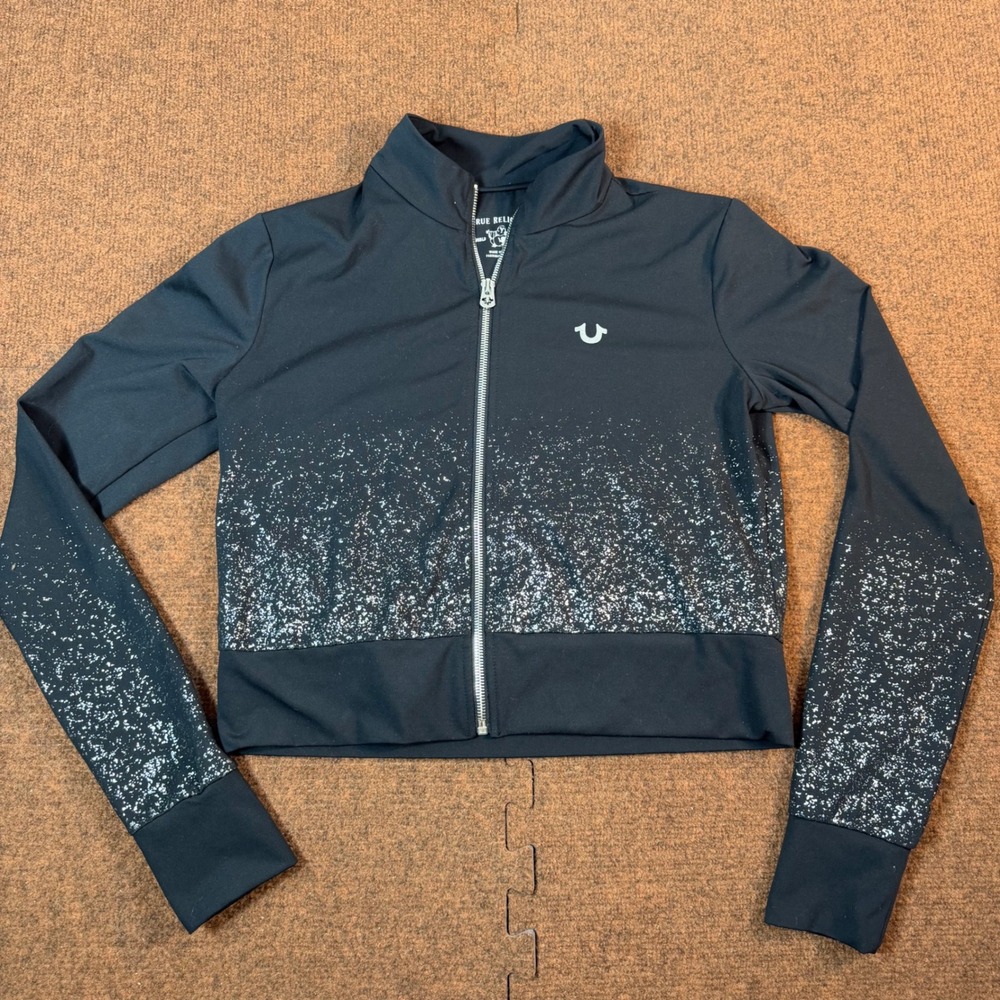 True Religion Women Black Silver Glitter Splatter Zip Up Track Jacket Large A+
